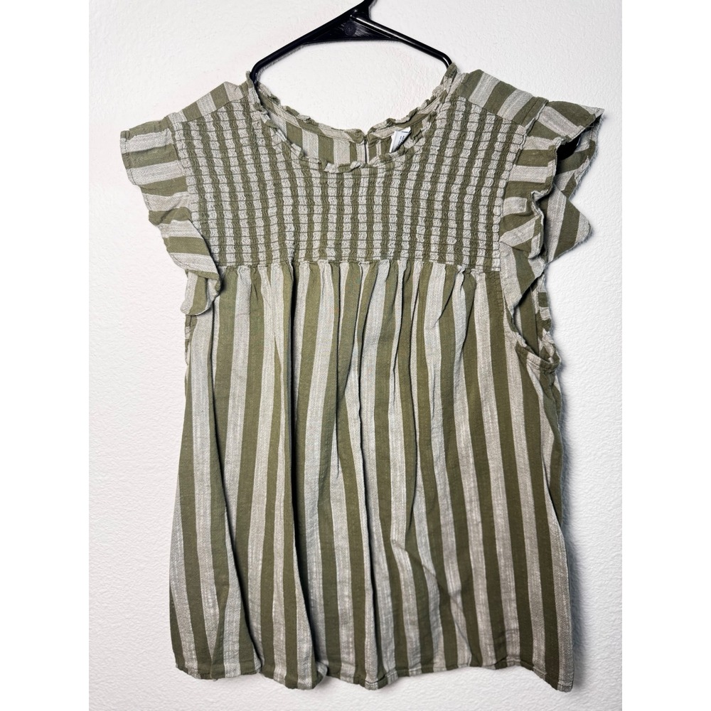 Old Navy Preppy Chic‎ Women's Green Stripe Smocked Flutter Sleeve Top Size L